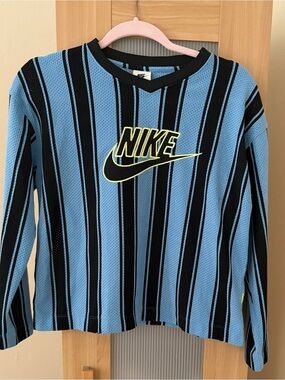 Nike Light Blue & Black Striped Mesh Sweatshirt with Neon Logo